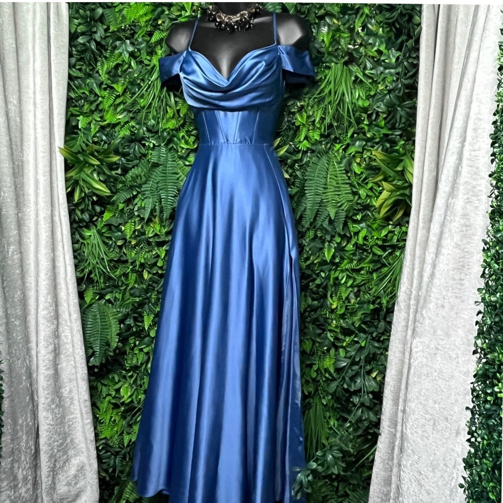 Windsor Satin Off-Shoulder Prom Gown in Blue
